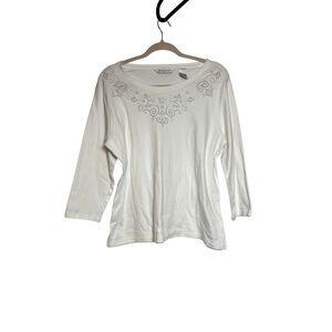 Y2K Bedazzled Long Sleeve White Top - Holiday Shirt Vintage Drapers & Damon’s si